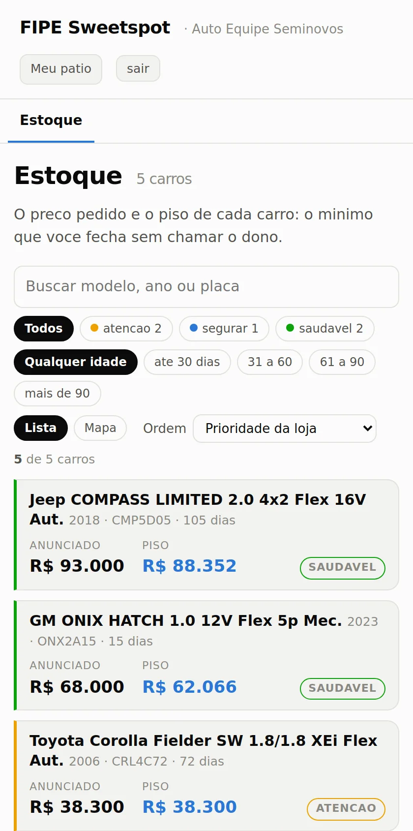 A tela do vendedor, no celular: o preço anunciado e o piso de cada carro, sem custo nem margem.